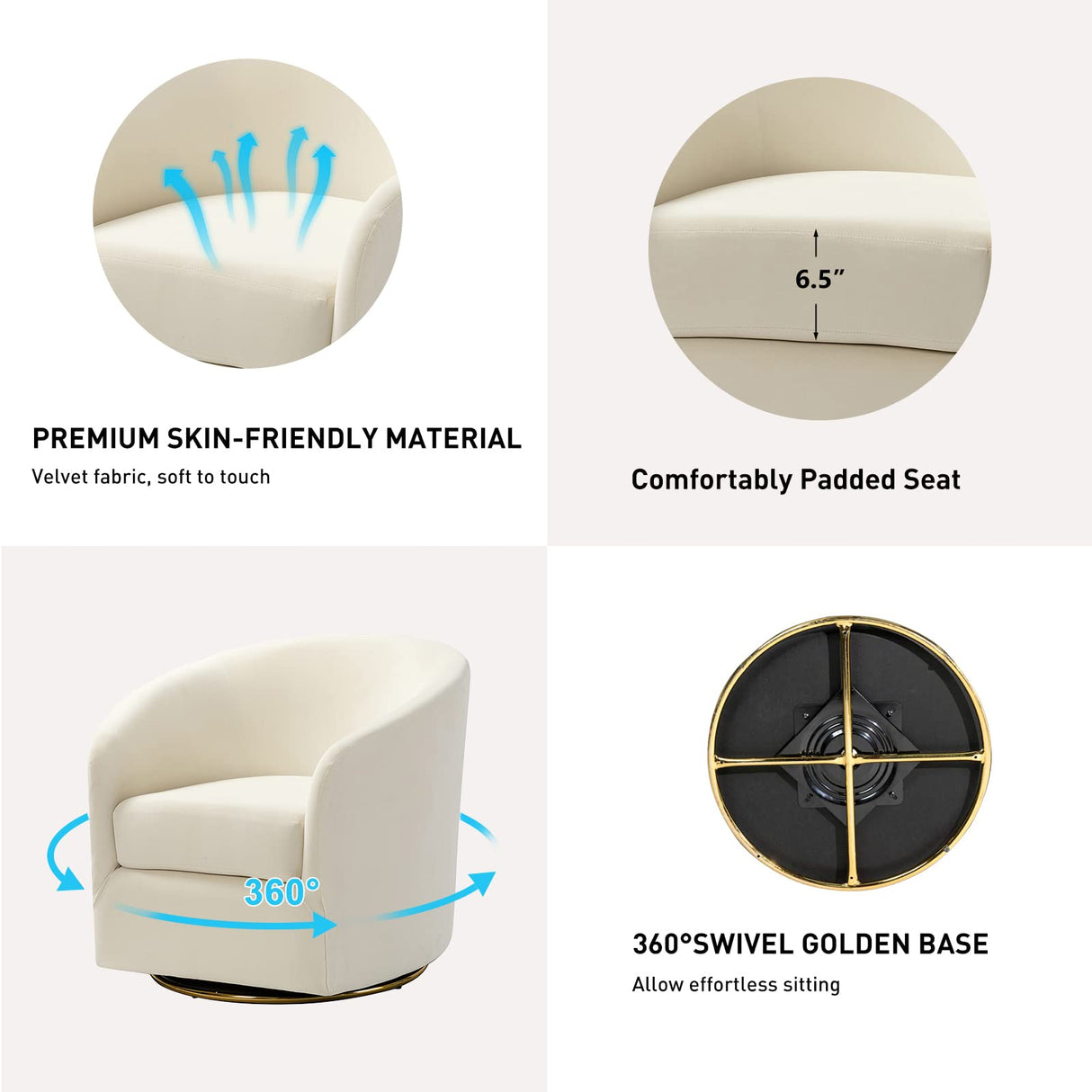 HULALA Home Swivel Accent Chair with Gold Metal Base, Contemporary Velvet Curved Swivel Barrel Chair, Upholstered Club Armchair, Leisure Single Sofa for Living Room, Nursery, Bedroom(Ivory) HULALA HOME