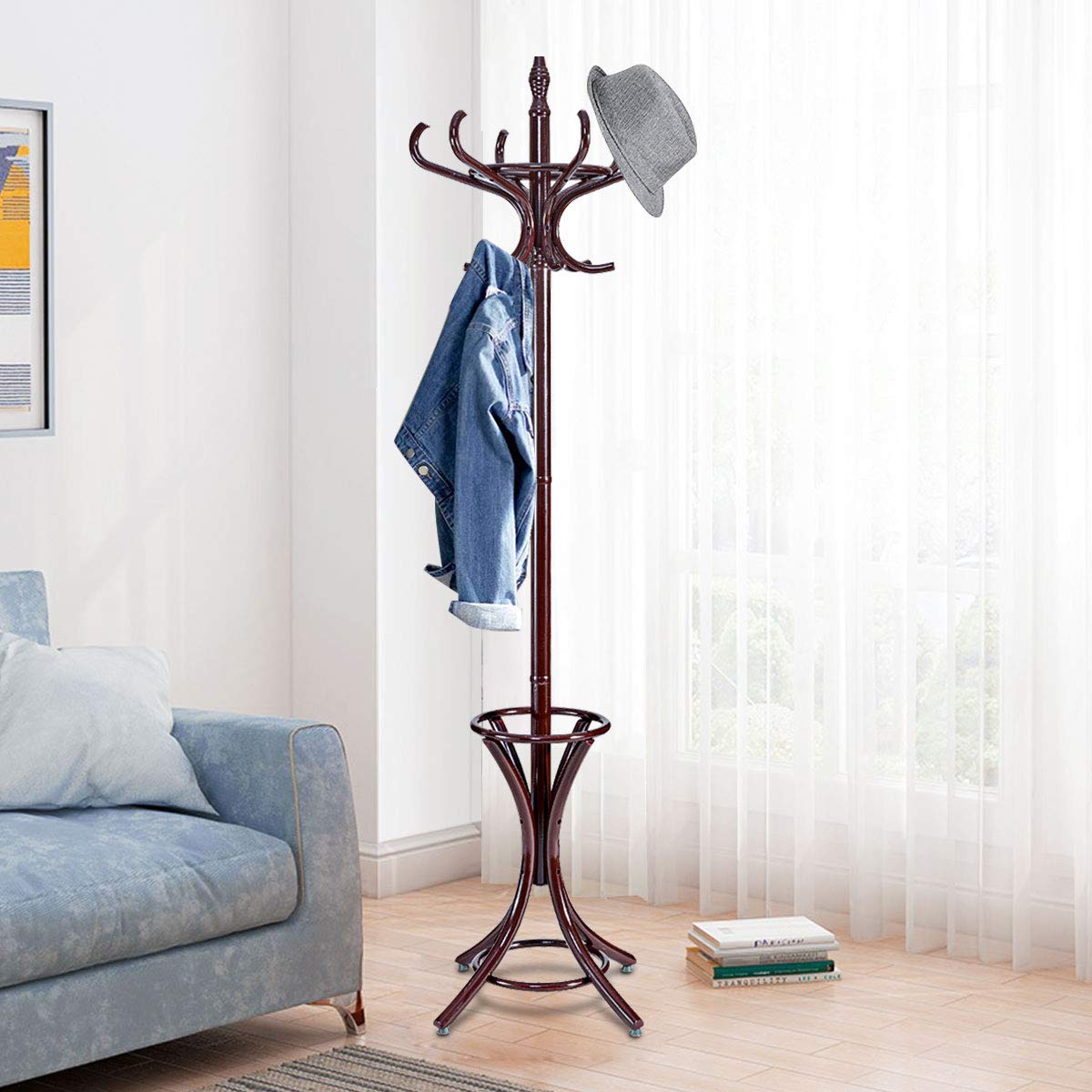 Tangkula 75.5" Standing Coat Rack, Wood Coat Tree with 12 Hooks, Home Hat Jacket Hanger Tree 12 with Umbrella Holder Coat Stand (Brown) Tangkula