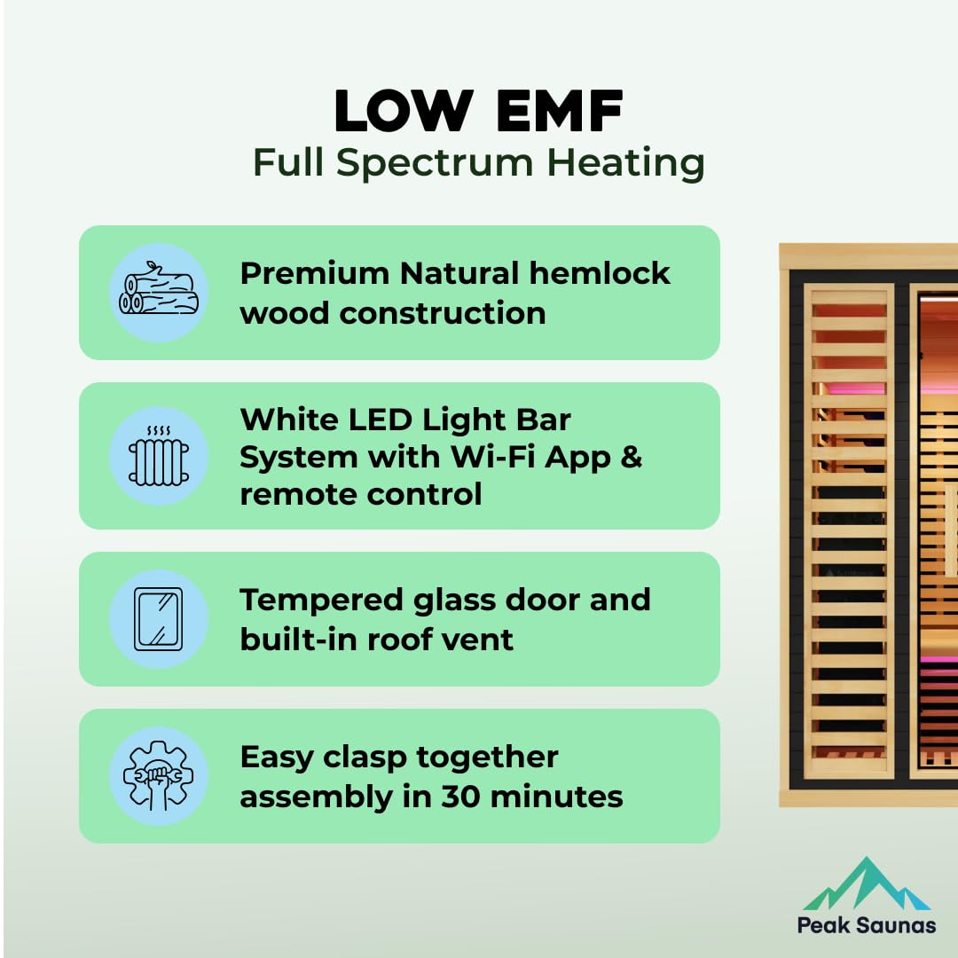 Peak Saunas Shasta 1-Person Full Spectrum Infrared Sauna with XL Medical-Grade Red Light Therapy & Smart WiFi App Control Generic