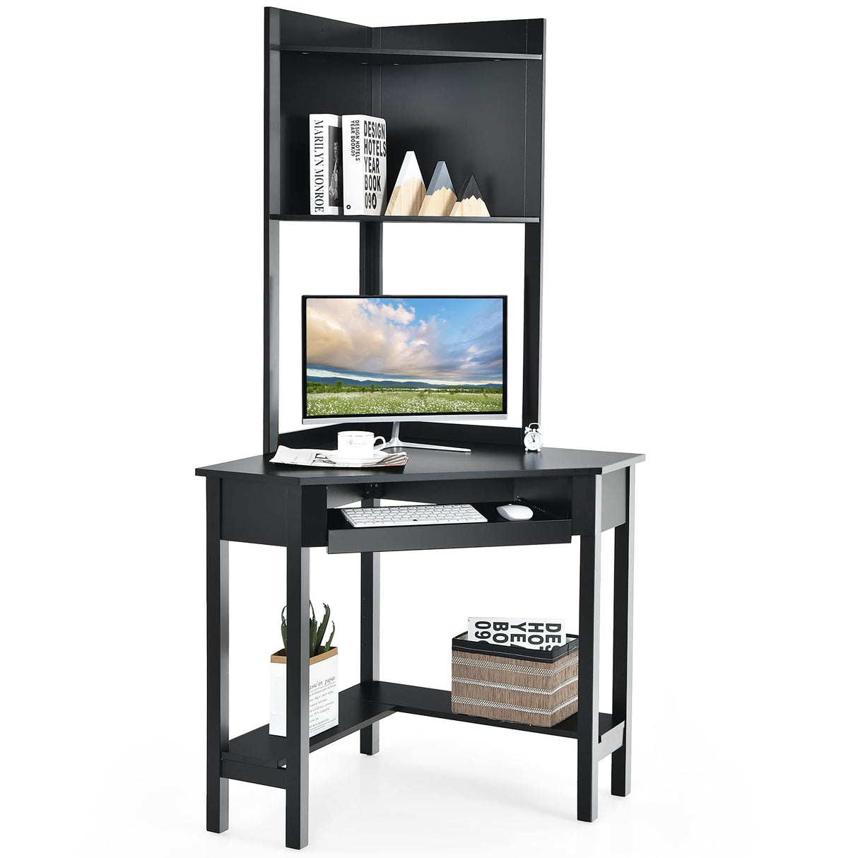 Tangkula Corner Desk with Hutch, 90 Degrees Triangle Corner Computer Desk with Keyboard Tray & Bookshelves for Small Space, Space Saving Corner Writing Desk for Bedroom Tangkula