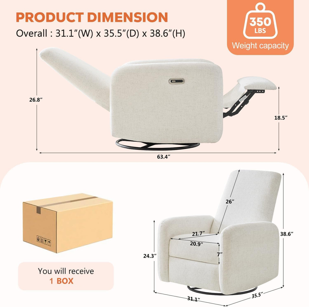 SENYUN Power Recliner Chair, Swivel Rocker Recliner w/USB & Type-C Charging Ports, Chenille Upholstered Swivel Rocker Glider Recliner for Nursery,Living Room, Bedroom, 1PC, Cream SENYUN