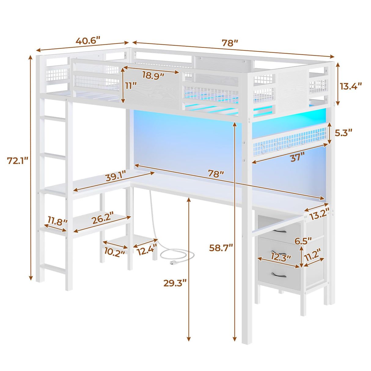 BTHFST Twin Loft Bed with L-Shaped Desk, LED Lights, Charging Station & Storage Solutions BTHFST