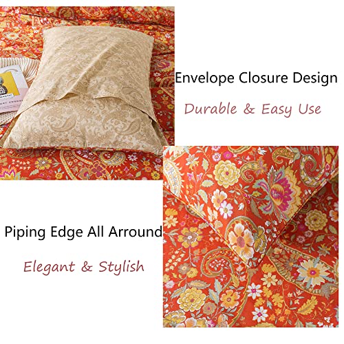 FADFAY Paisley Duvet Cover Set Queen Bohemian Damask Paisley Bedding Luxurious Orange Boho Paisley Comforter Cover Set 100% Cotton Ultra Soft Quilt Cover with Hidden Zipper Closure 3Pcs, Queen Size FADFAY