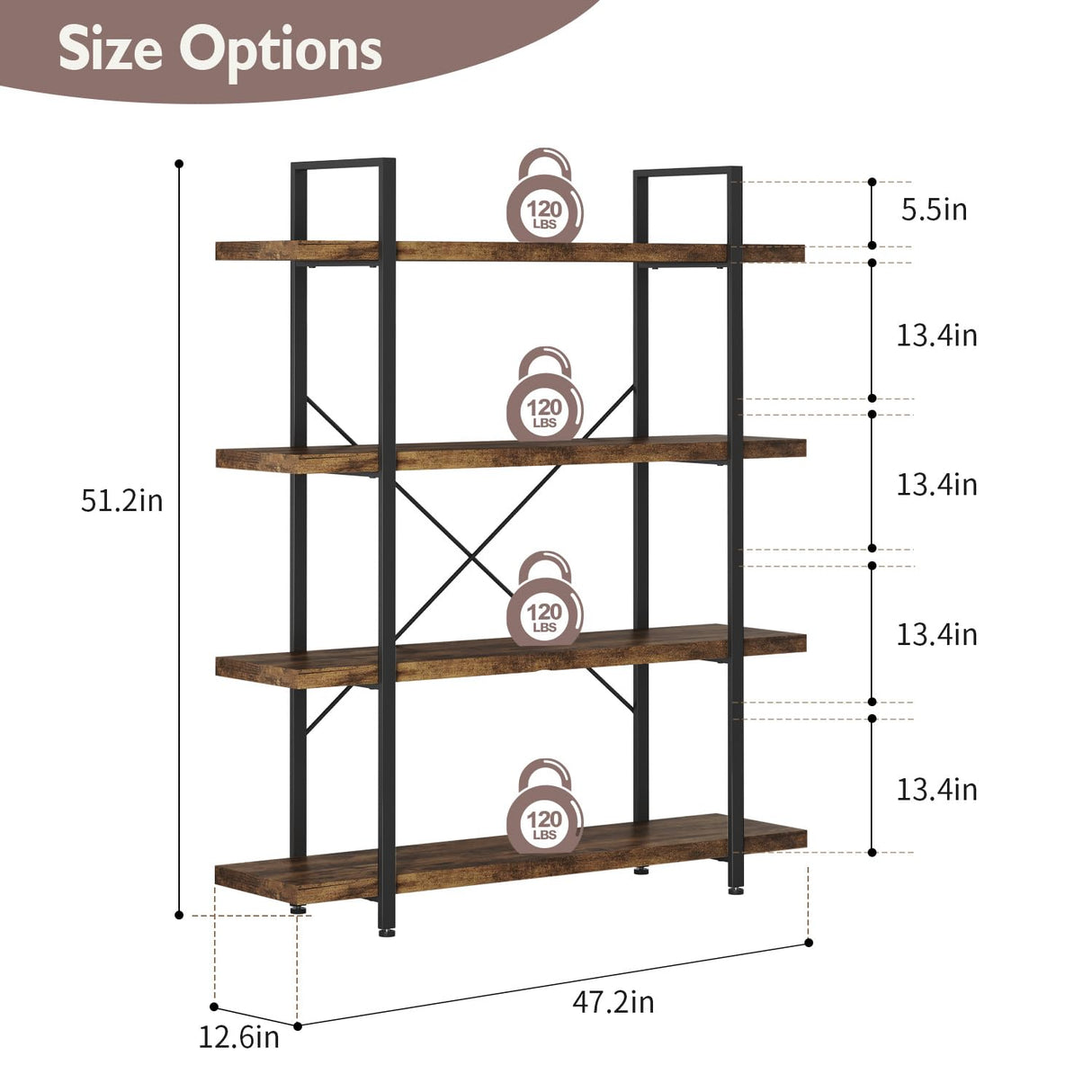 VKUCI 4 Tier Book Shelf, 47'' Wide Wood Industrial Bookshelf, 120lbs Shelf Capacity, Open Storage Shelves, 55'' Tall Heavy Duty Display Shelving, Rustic Brown Bookcase for Bedroom,Living Room,Office VKUCI