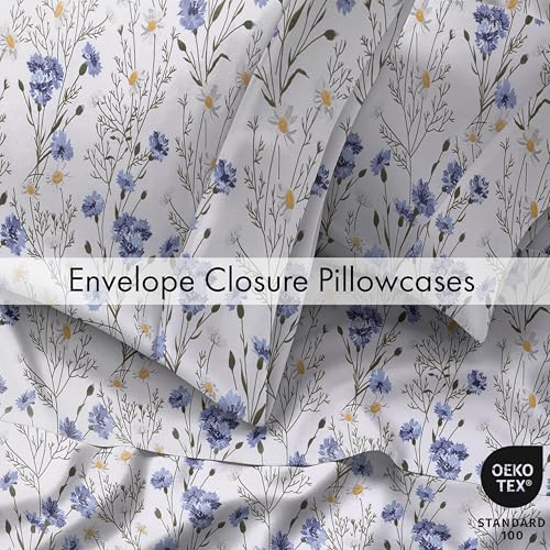 RUVANTI 100% Cotton Sheets – Queen Size Percale Bedding, Cooling & Breathable Floral Design, Durable with a Crisp, Soft & Comfortable Feel, 16" Deep Pocket, 4-Piece Set, Sweet Pea