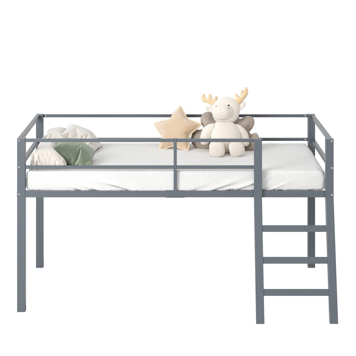 Lutown-Teen Low Metal Twin Loft Bed with Ladder and Guardrail for Kids or Teens, Space Saving Loft Bed Twin Size for Small Bedroom, Grey Lutown-Teen