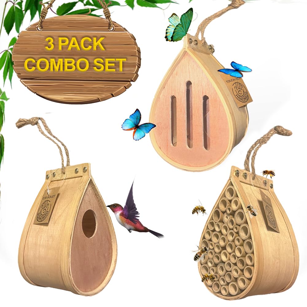 3 Pack Pollination Palace Combo Set - Wooden Bee House, Butterfly House and Bird House. Ideal for Flower and Vegetable Gardens; Perfect Gifts GardeningProducts4Less