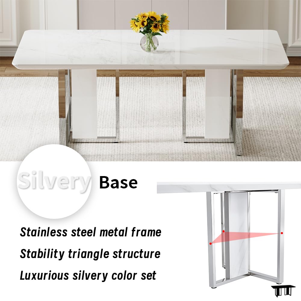 79" Dining Table,White Gloss Kitchen Table,1.57" Thick MDF Board Table Top Coated by Faux Marble Pattern with Chrome Plate Metal Base,Modern Dining Table for 10 People MEMUY