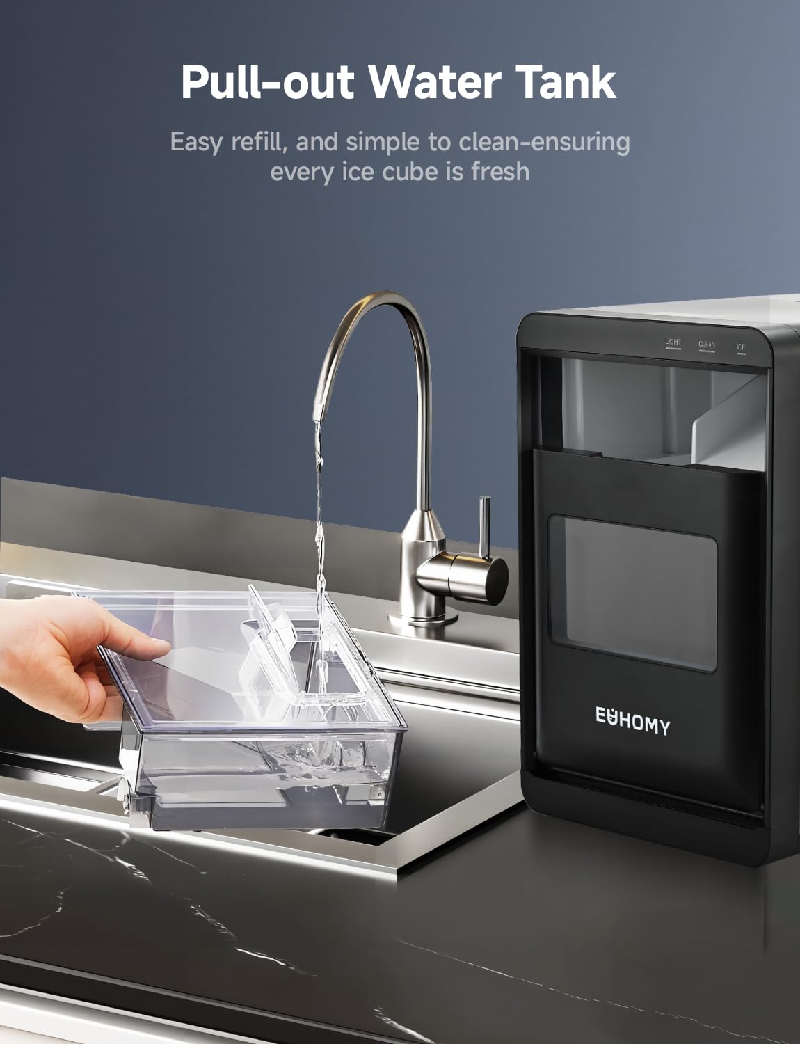 EUHOMY Nugget Ice Maker Countertop, 44Lbs/24H Pebble Ice Maker Machine, Self-Cleaning Pellet Ice Machine with Ice Scoop&Basket, Sonic Countertop Ice Machine for Home/Kitchen/Office(Black) EUHOMY