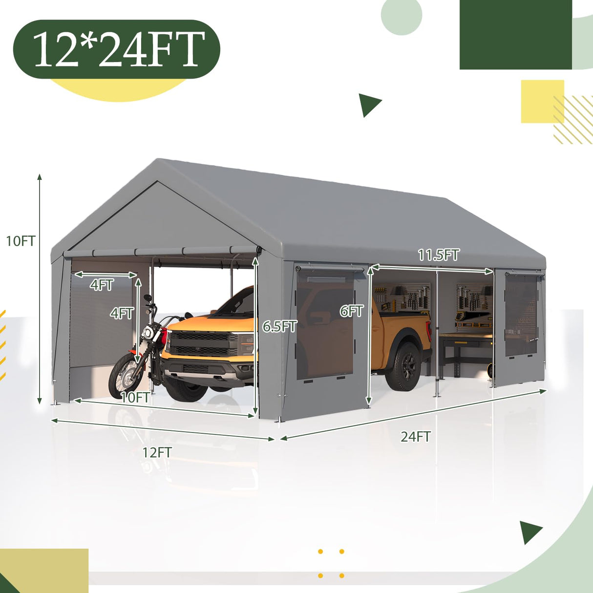 EROMMY 12' x 24' Heavy Duty Carport,Portable Garage with UV Protection & Steel Frame, Car Port with Removable Sidewalls, All-Season Car Canopy for Tractor, Truck, Boat, Outer Gray and Inner White EROMMY