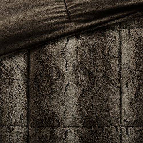 Madison Park Zuri Soft Plush Comforter Set, Faux Fur Animal Stripes Design, Faux Mink On The Reverse, Modern All Season Bedding Set with Matching Sham, Full/Queen, Chocolate Madison Park