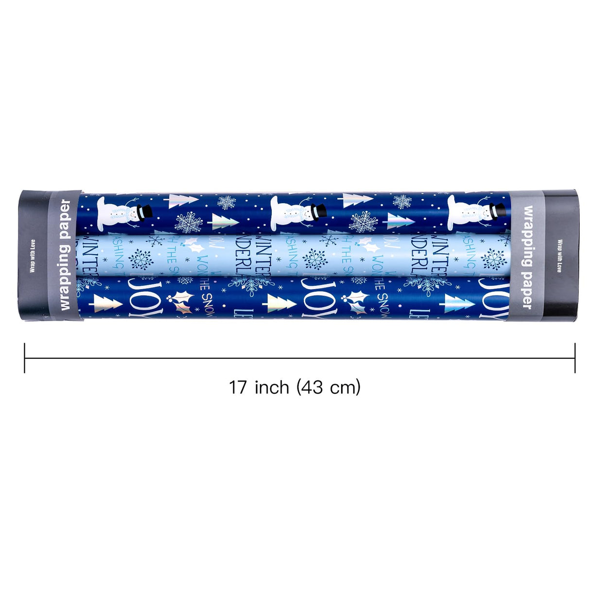 WRAPAHOLIC Christmas Wrapping Paper Roll - Mini Roll - 3 Rolls - 17 Inch x 120 Inch Per Roll - Blue and White Winter Wondland, Snowflake, Snowman Holiday Collection with Metallic Foil Shine WRAPAHOLIC