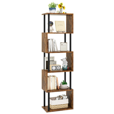 IBUYKE 6-Tier Tall Bookshelf,S-Shaped Geometric Bookcase, Wood Display Shelves with Storage,Industrial Bookshelf for Living Room Bedroom, Home Office, Rustic Brown WBC016H