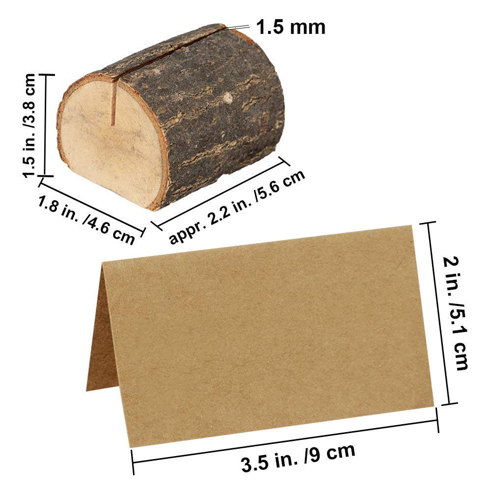 Supla 20 Pcs Rustic Wood Place Card Holders Wooden Table Numbers Holder Stand Wooden Bark Memo Holder Card Photo Picture Note Clip Holders and Kraft Place Cards Bulk Wedding Party Table Number Sign Supla