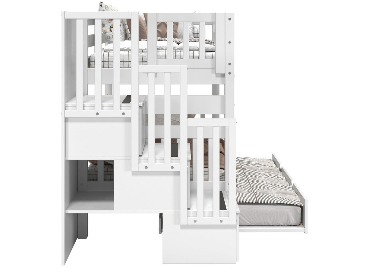 Bedz King Stairway Bunk Beds Twin over Twin with 3 Drawers in the Steps and a Twin Trundle, White Bedz King