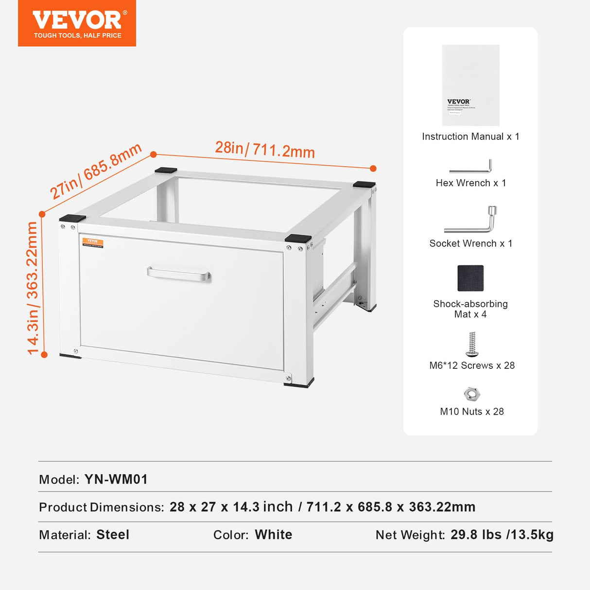 VEVOR YN-WM01 Laundry Pedestal Washer and Dryer Stand Platform Universal Fit 660lbs Capacity, Heavy Duty Multi-Functional Base for Washing Machine with Drawer & Rich Accessories, White VEVOR