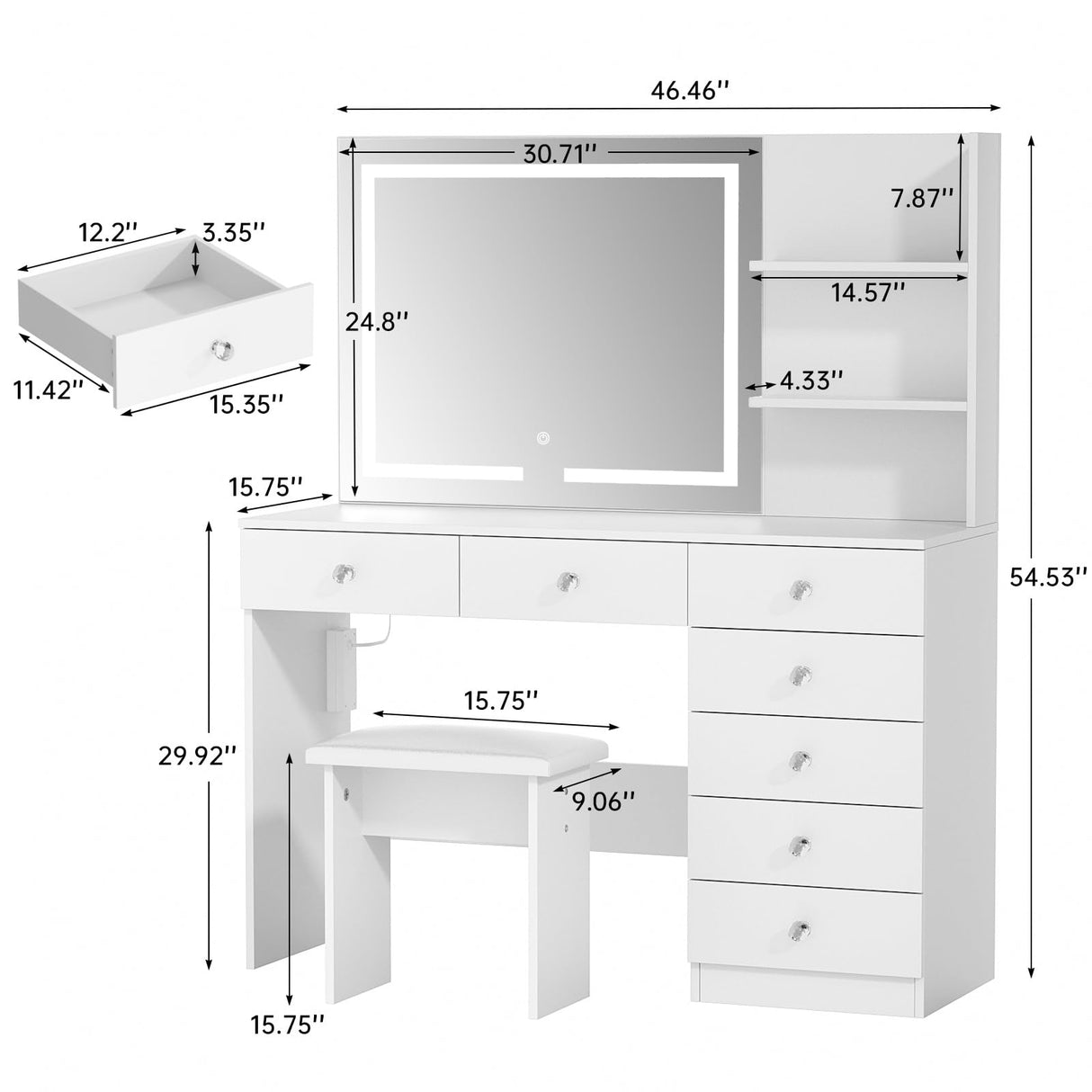 VOWNER Vanity with Lighted Mirror - 47" Makeup Vanity Desk with 7 Drawers, 3 Storage Shelves and Outlet, 3 Color Lighting Modes with Adjustable Brightness, Makeup Desk with Stool for Bedroom, White VOWNER