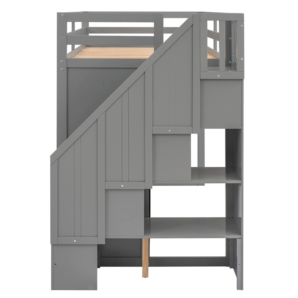 Bellemave Twin Loft Bed with Stairs and Storage - Solid Wood, Grey Finish Bellemave