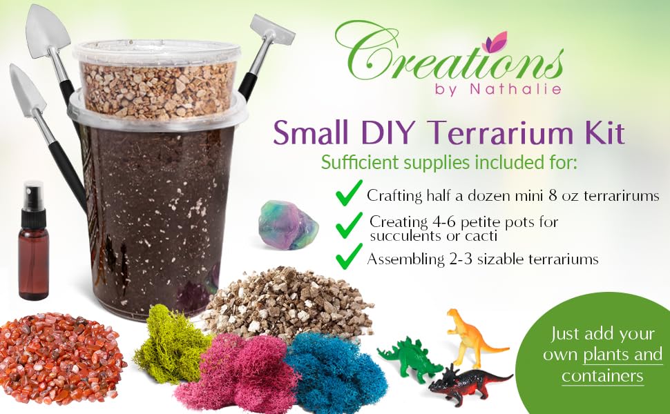 Creations by Nathalie – DIY Large Terrarium Starter Kit with Soil, Moss, Pebbles, Healing Crystal, Tools & Supplies – Terrarium Kit for Adults & Kids, Handcrafted in USA Creations by Nathalie