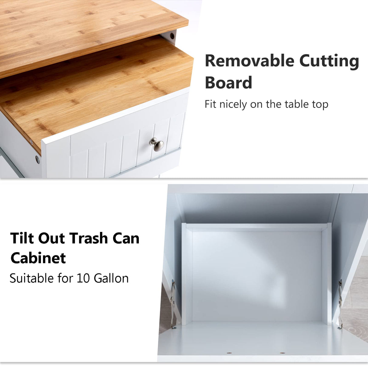 Tilt Out Trash Cabinet, Freestanding Wooden Kitchen Trash Recycling Cabinet with Drawer & Removable Cutting Board, Dog Proof Trash Can Cabinet, White Gitua
