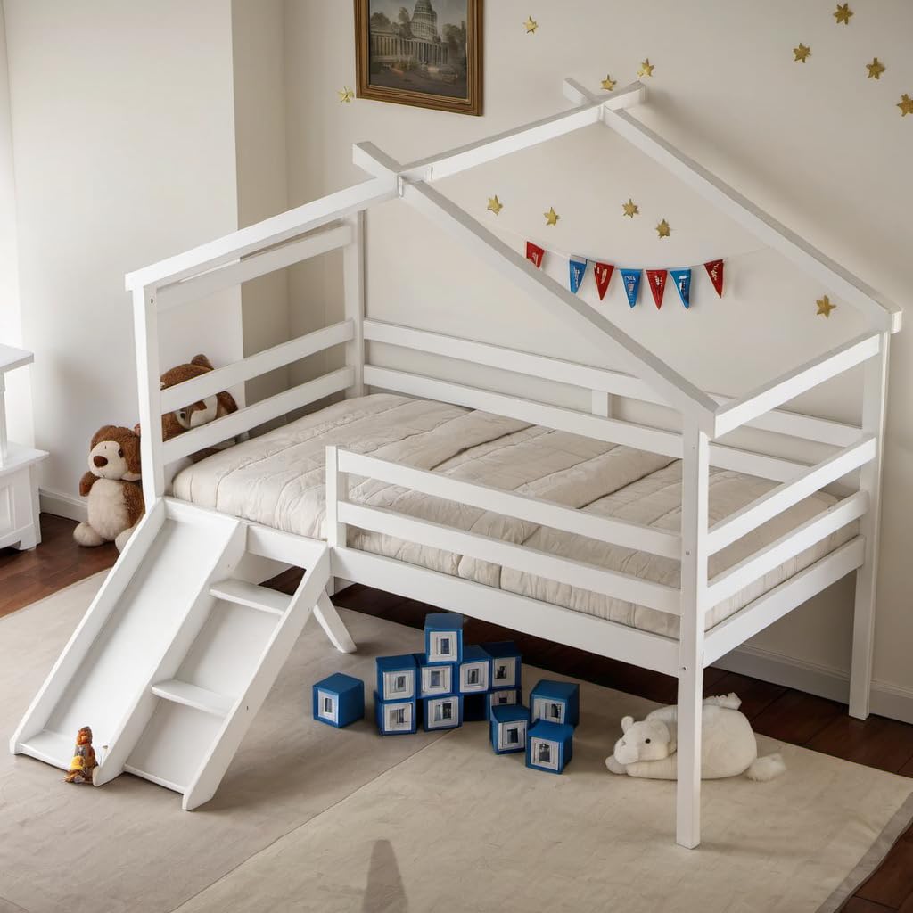 PVWIIK Twin Size Low Loft Bed with Slide for Kids,Girls,Boys Bedroom,Wood House Roof Frame with Inclined Ladder,Easy to Assemble,Under Bed Storage,No Box Spring Needed,White PVWIIK