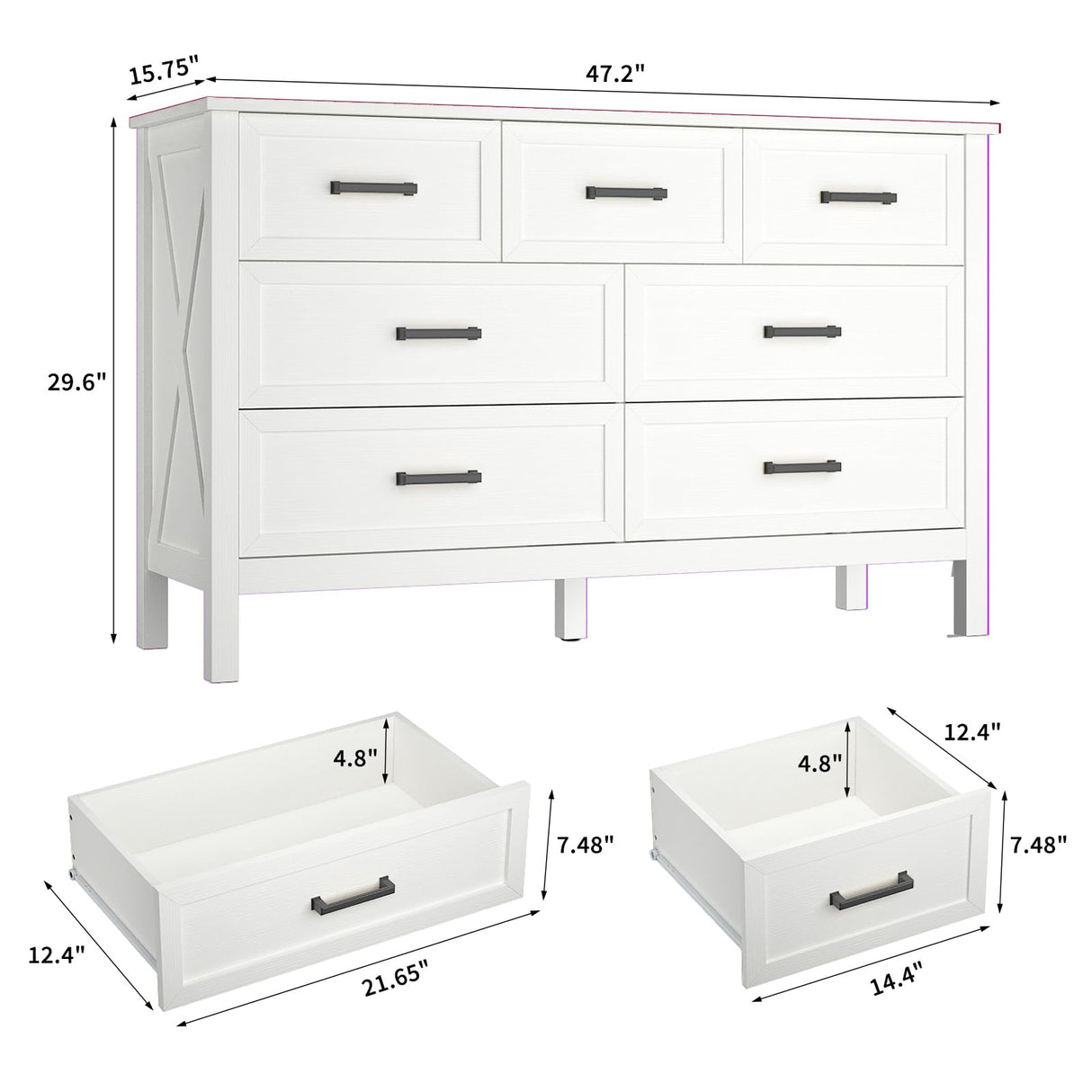 BAZELOR Farmhouse 7 Drawers Dresser for Bedroom, Wood Rustic Wide Chest with Metal Handles, Storage Dressers Organizer for Bedroom, Hallway, Entryway, White BAZELOR