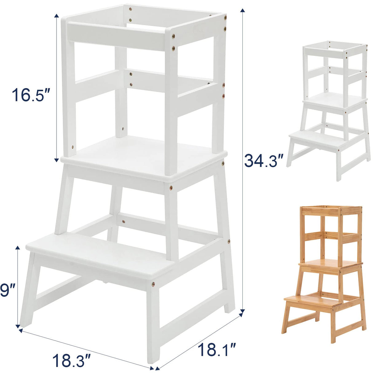 Kids Kitchen Step Stool with Safety Rail,Wooden Toddler Standing Tower for Kitchen Counter, Kids Montessori Stool, Solid Wood Construction,White Wiifo