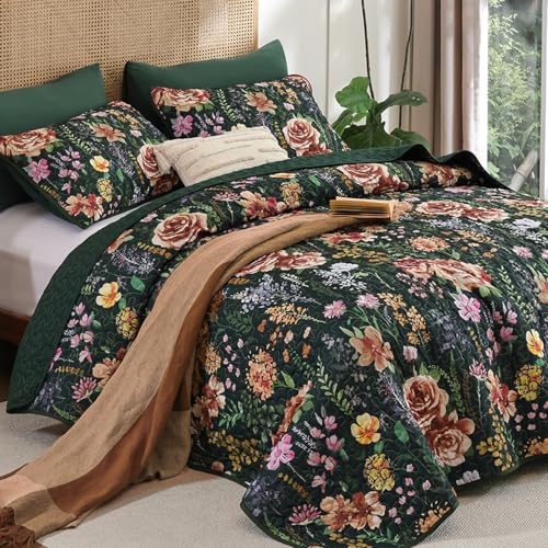 WONGS BEDDING Green Quilt Set King Size, 3 Piece Red Floral Leaves Pattern Botanical Bedding Set, Soft Lightweight Microfiber Bedspread Coverlet with 2 Pillowcases for All Season (104"x90") WONGS BEDDING