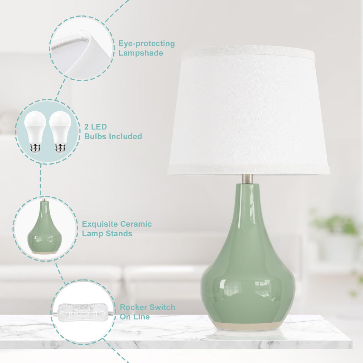 Seealle 19.4" Modern Ceramic Table Lamps for Night Stands - Bedside Lamps Set of 2 for Nightstand, Green Bedroom Lamp for Living Room Cute Desk End Table Office Guest Room Dresser Rocker Swtich Seealle