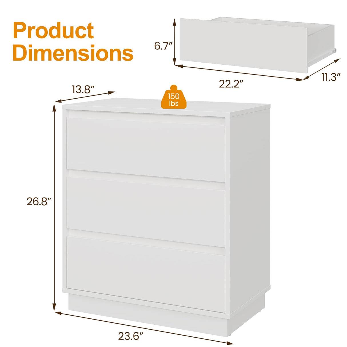 RoyalCraft Wide Nightstand with 3 Drawers, White Nightstand for Bedroom, Large End Table Bedside Table for Home and Office RoyalCraft