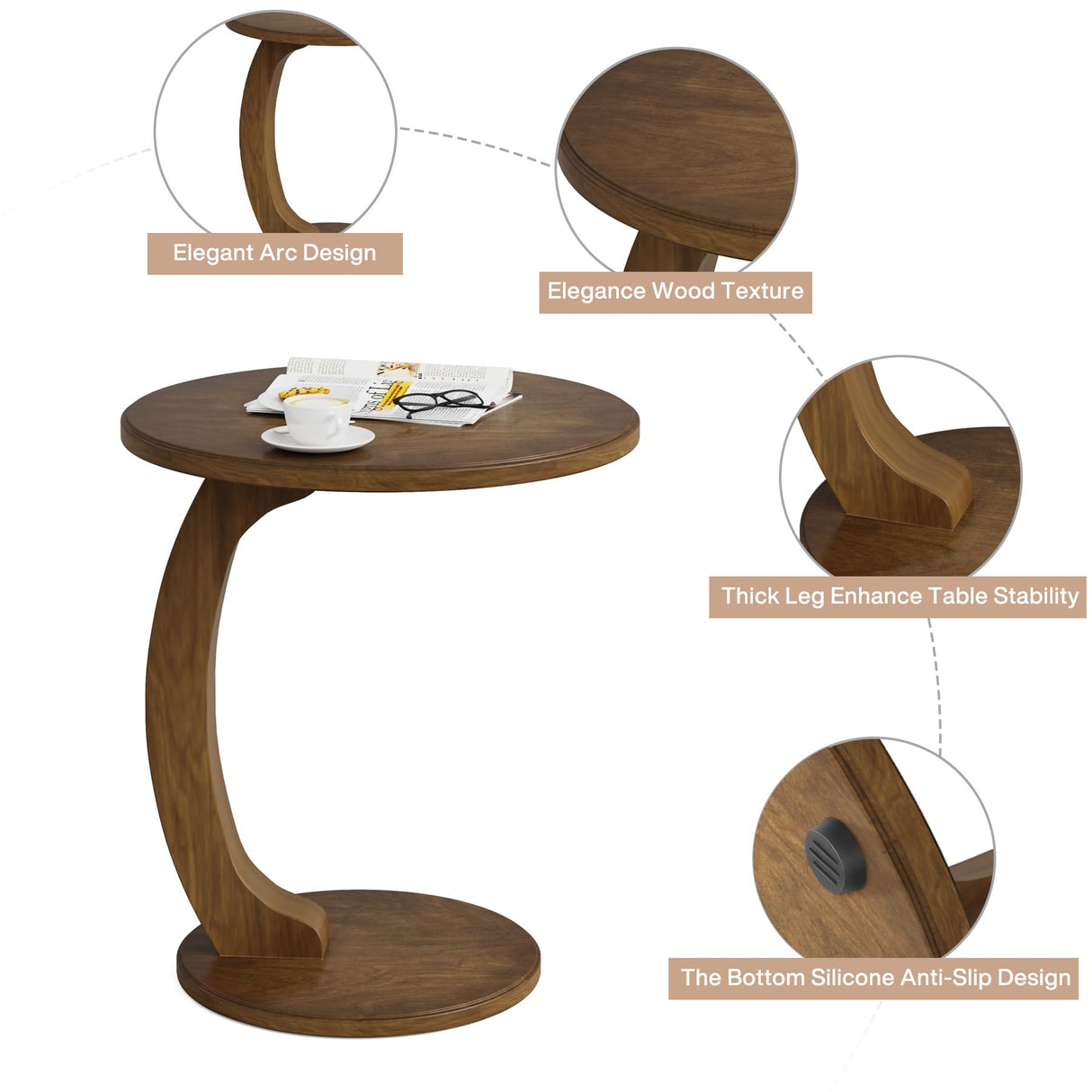 Tribesigns C-Shaped Side Table, Round Wooden End Table, 18.89 Inches Couch Table, Sofa End Table, Side Table for Living Room, Bedroom, Office, Vintage Brown Tribesigns