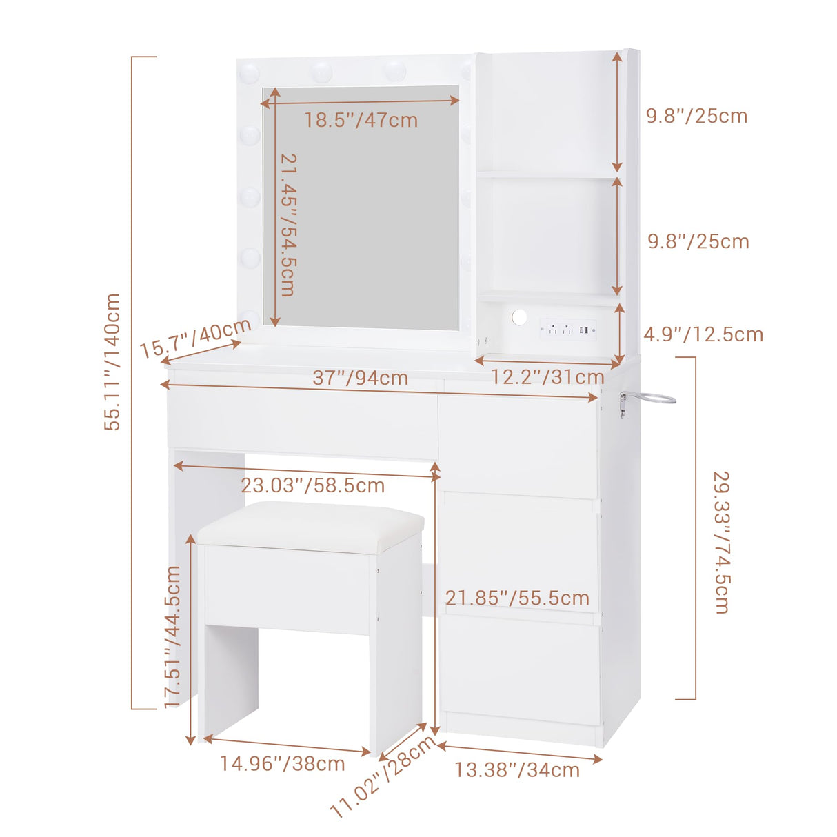 Lynxor Vanity Desk with Mirror and 12 LED Lights, Makeup Vanity Table with USB & Power Outlets, Spacious Storage Drawers, Shelves, and Cushioned Stool, Perfect for Bedroom, Hairdryer Holder, White Lynxor