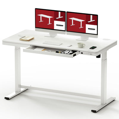 SANODESK Standing Desk with Drawer, Electric Height Adjustable Home Office Desk with Storage & USB Ports, 55 inch White Wood Tabletop/White Frame