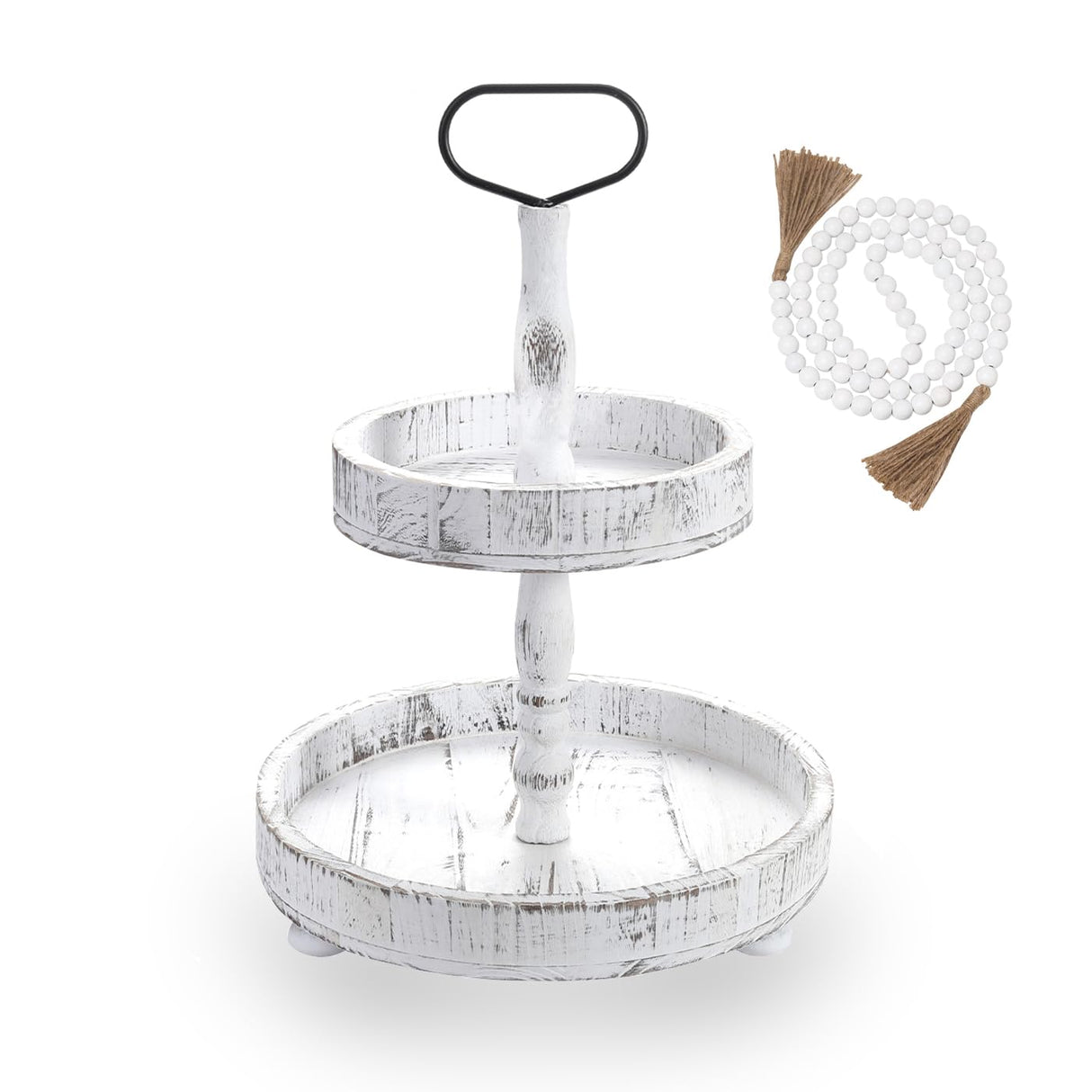 Luxspire Tiered Tray Stand, 2 Tiered Tray Decor with Wooden Beads Garland, Farmhouse Decorative Tray, 2 Tier Serving Tray for Coffee Bar Kitchen Island, Christmas Decor, Rustic White Luxspire