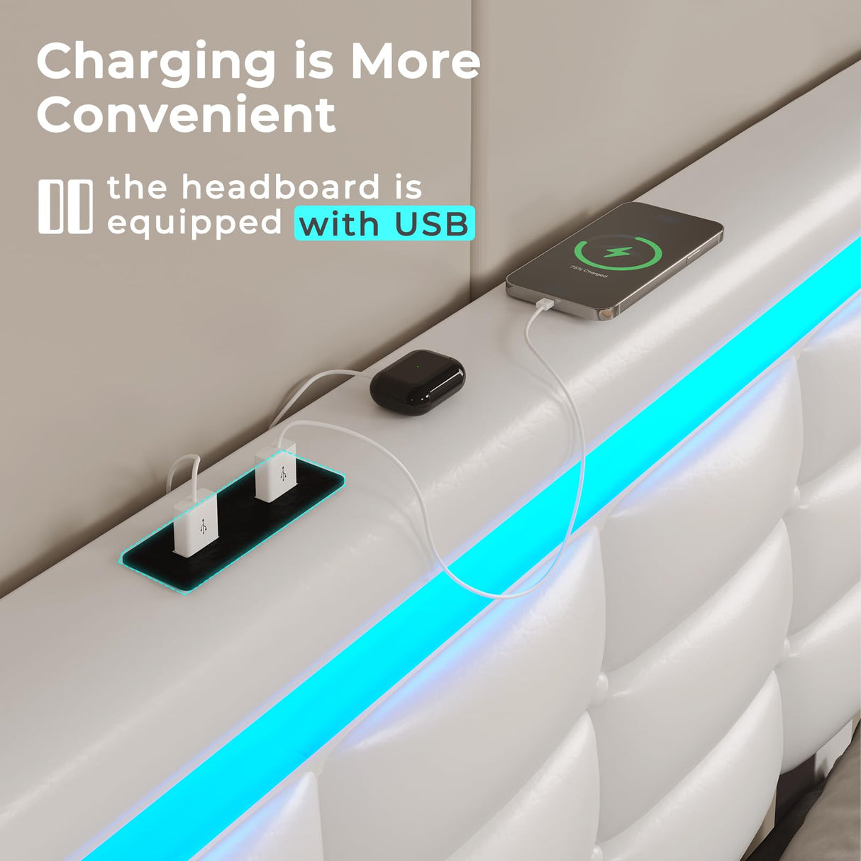 ADORNEVE Full Size LED Bed Frame with 4 Storage Drawers, Pu Leather Upholstered Platform Bed Full with Charging Station & LED Lights, Square Stitched Button Tufted Design, No Box Spring Needed, White ADORNEVE