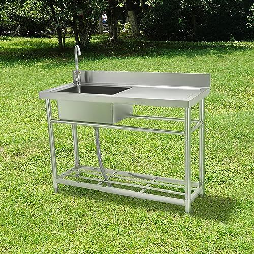 VEVOR Stainless Steel Utility Sink, Free Standing Single Bowl Commercial Kitchen Sink Set w/Workbench, 47 x 19.7 x 37.4 in Commercial Single Bowl Sinks for Garage, Restaurant, Laundry, NSF Certified VEVOR