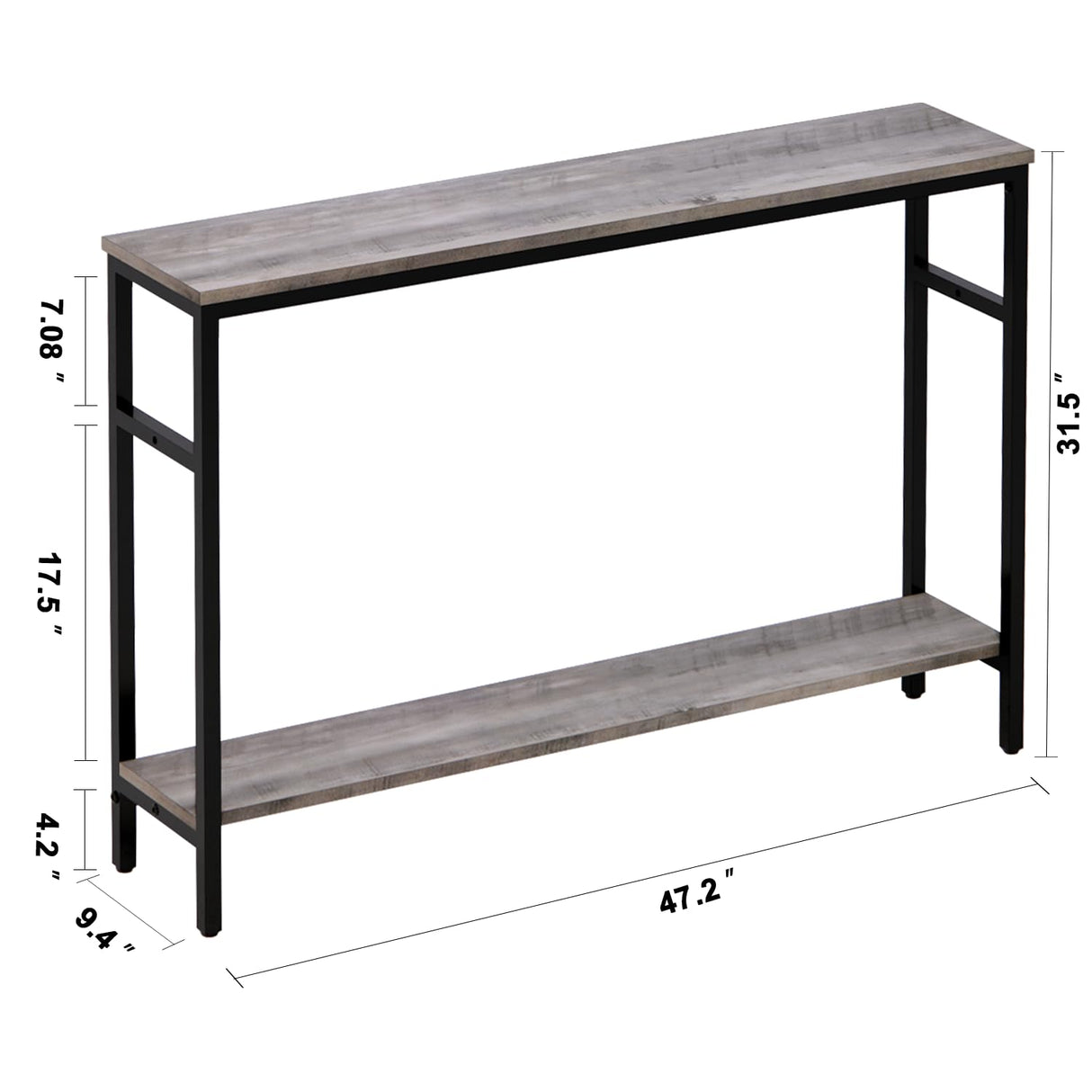 Timberer Narrow Console Table, 47 Inch Sofa Table with Adjustable Shelf, 2-Tier Long Skinny Table for Hallway, Entryway, Living Room, Foyer, Grey Timberer