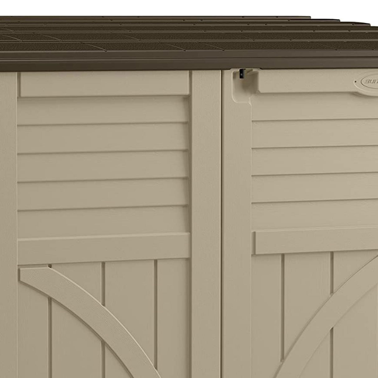 Suncast Horizontal Shed, Compact Outdoor Storage System, 34 Cu. Ft. Capacity, Sand & Slate - Lockable Multi-Wall Resin Organizer for Garbage Cans, Garden Tools, Bins, Bikes and Yard Equipment Suncast
