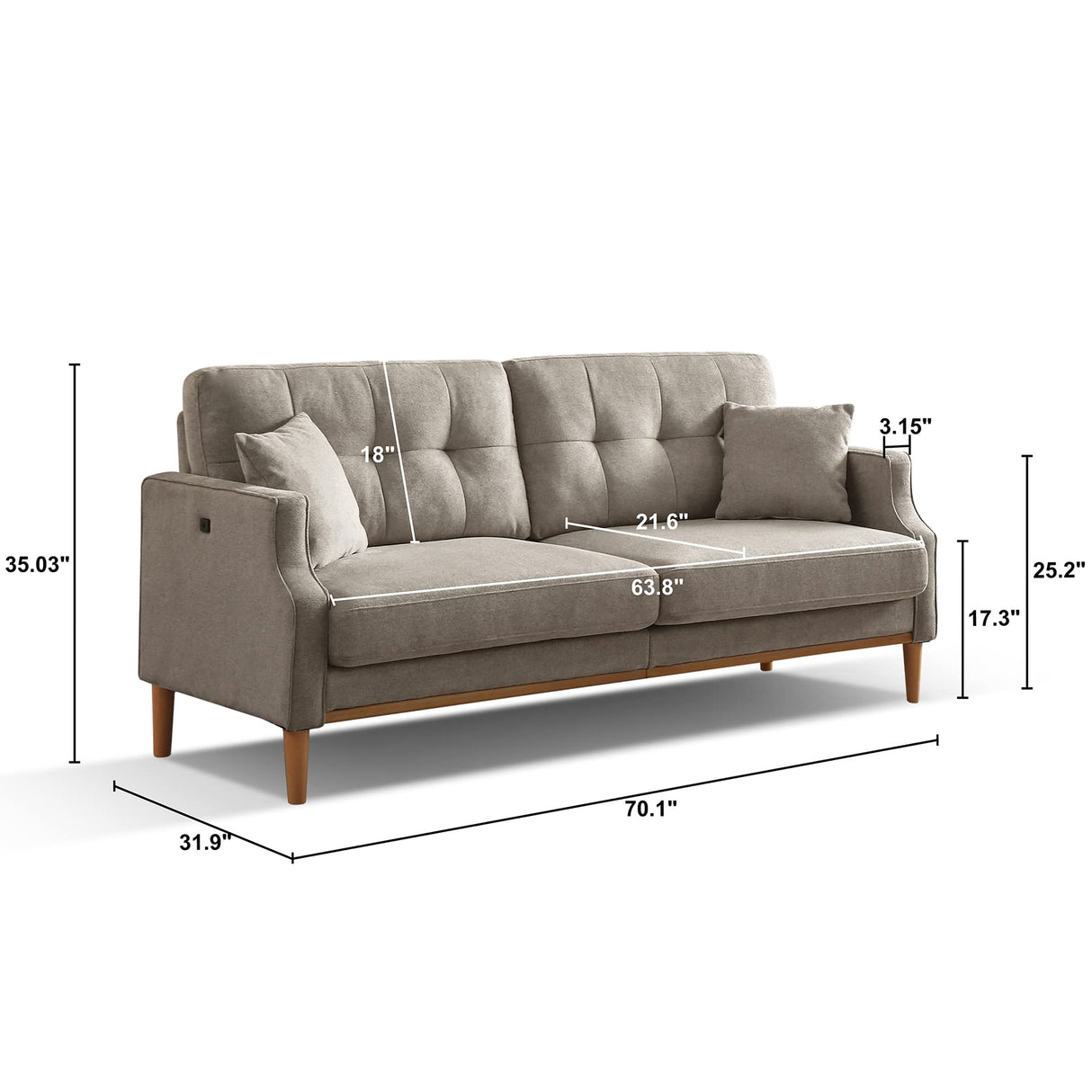Plococo 70" Sofa, Mid Century Modern 3 Seat Sofa Couch, Comfort Experience Loveseat with Thick Cushions,Waterproof Fabric and USB Port, Beige Grey Plococo