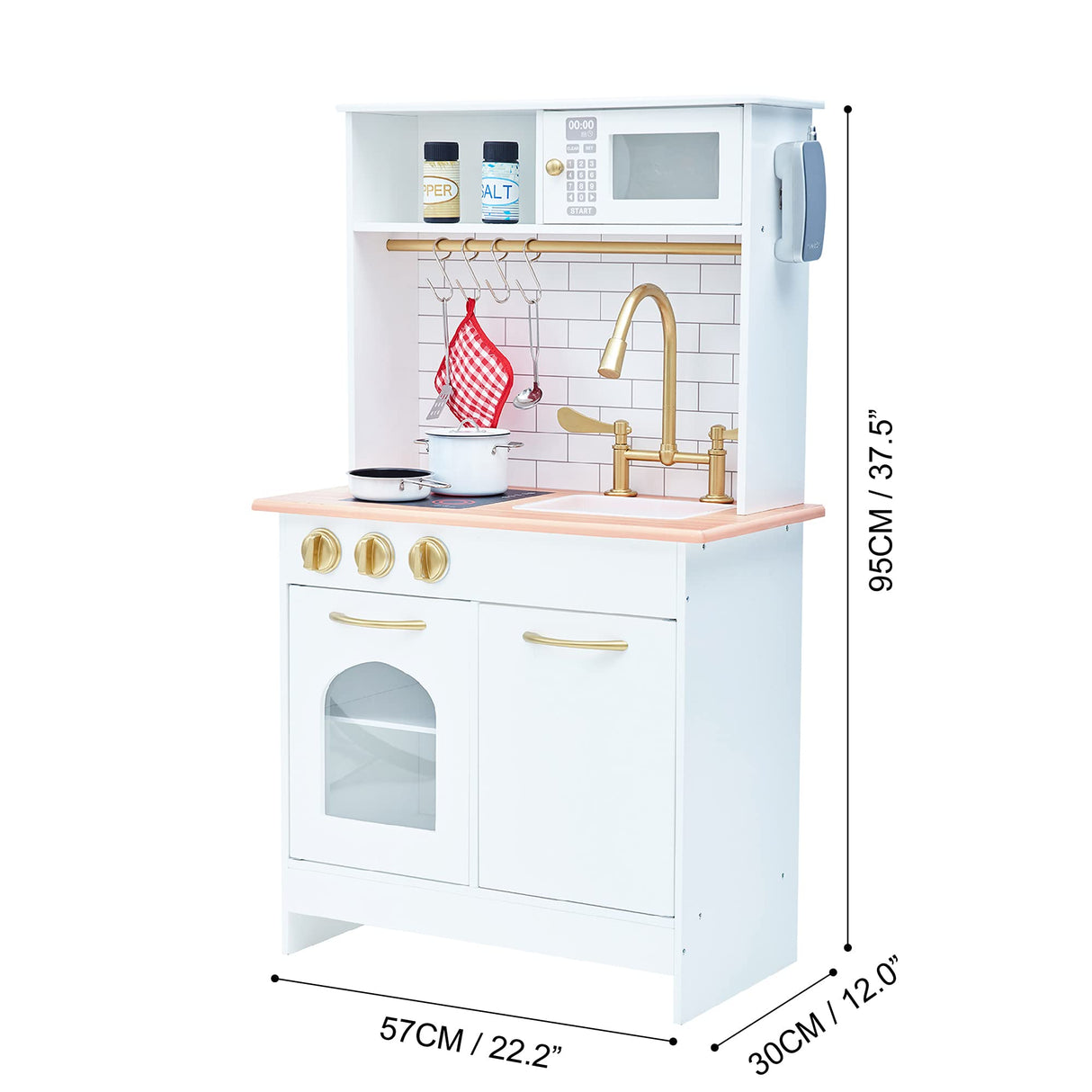 Teamson Kids Little Chef Boston Compact Farmhouse Interactive Wooden Play Kitchen with Sink, Oven, Microwave and Storage Space for Easy Clean Up, White with Gold Finishes Teamson Kids