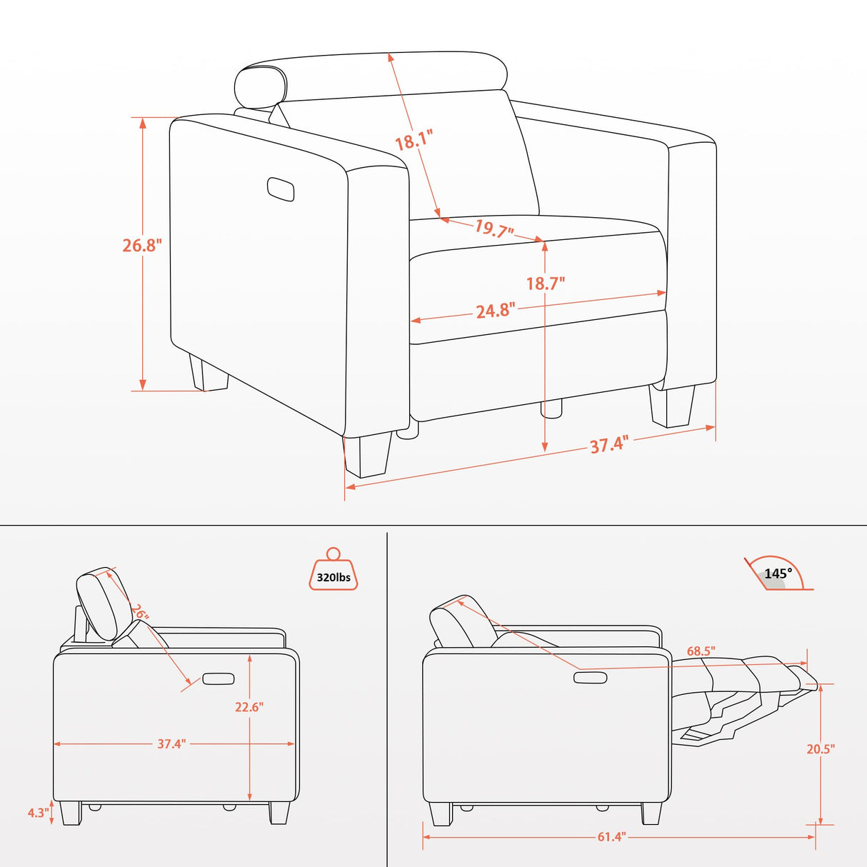 MCombo Wall-Hugger High Leg Power Recliner Chair with Adjustable Headrest and USB&Type C Dual Charge Ports for Living Room, Office, and Small Spaces, Fabric HL128 (Beige) MCombo