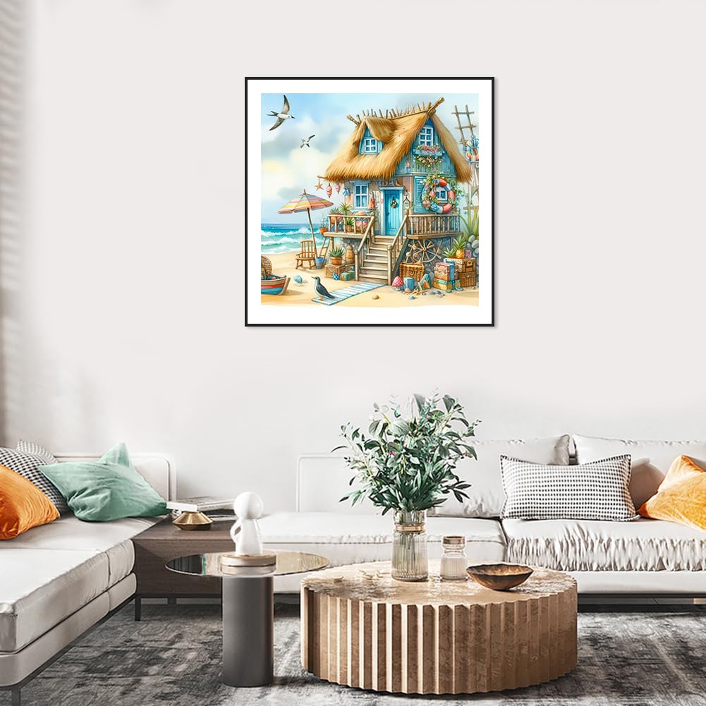 Stalente Diamond Painting Kits for Adults Seaside House, 5D DIY Diamond Art Kits for Beginners Round Full Drill Diamond Painting for Home Wall Decoration Gift 12×12inch, Landscape Stalente
