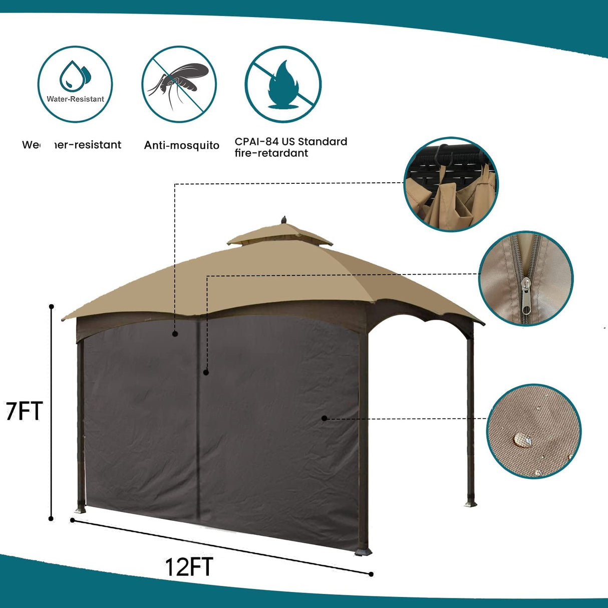Gazebo Universal Replacement Privacy Curtain - Wonwon Privacy Panel Canopy Side Wall with Zipper for 10' x 12' Outdoor Gazebo (Brown) Wonwon