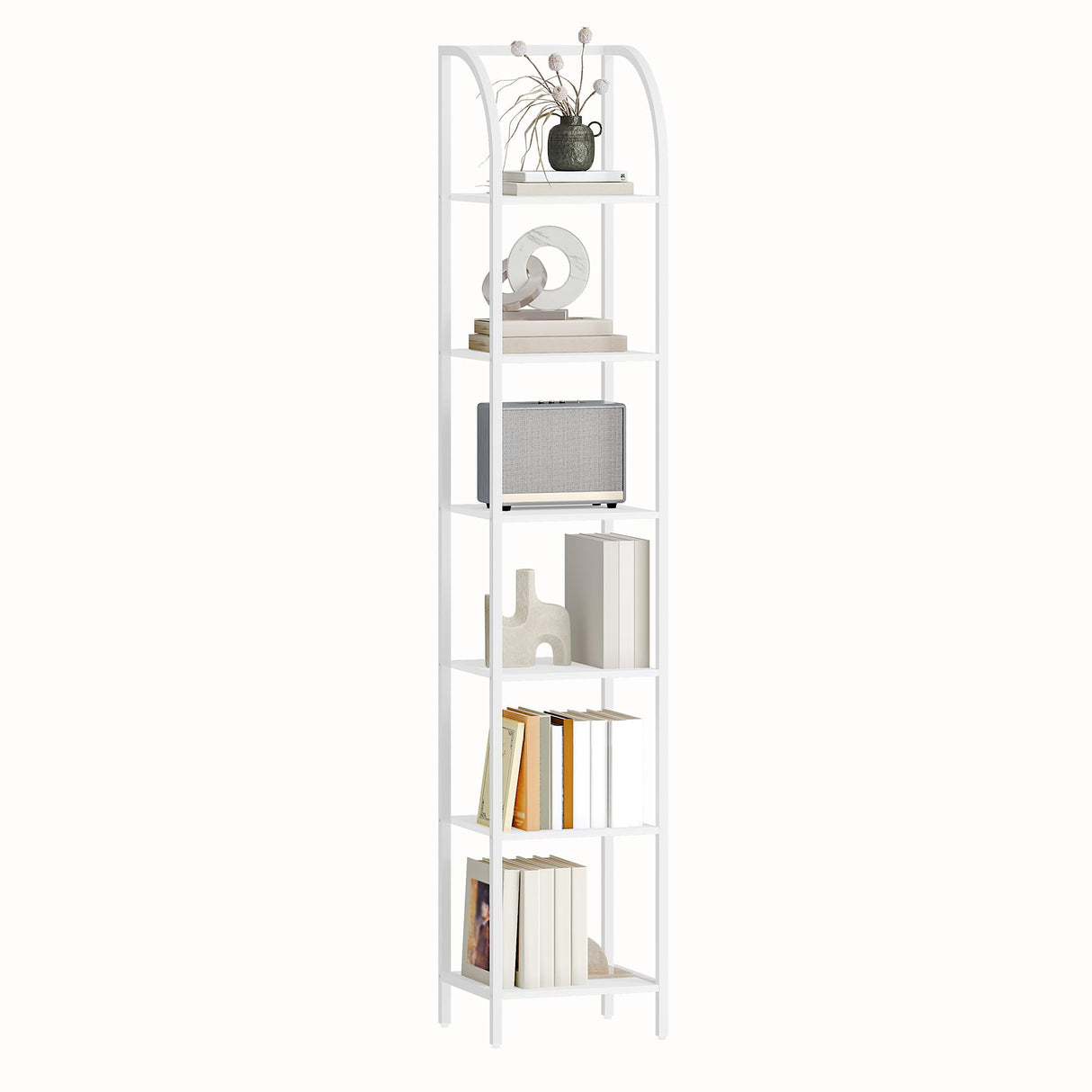Hzuaneri Bookshelf Narrow Bookcase, Tall Storage Rack with Steel Frame, Display Standing Shelf Unit, Skinny Book Shelf for Study Living Room Home Office, Industrial Style, 6-Tier White BC56013W Hzuaneri