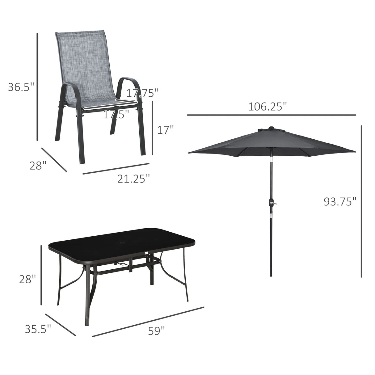 Outsunny 8 Pieces Patio Furniture Set with 9Ft Patio Umbrella, Outdoor Dining Table and Chairs, 6 Chairs, Push Button Tilt and Crank Parasol, Tempered Glass Top, Gray Outsunny