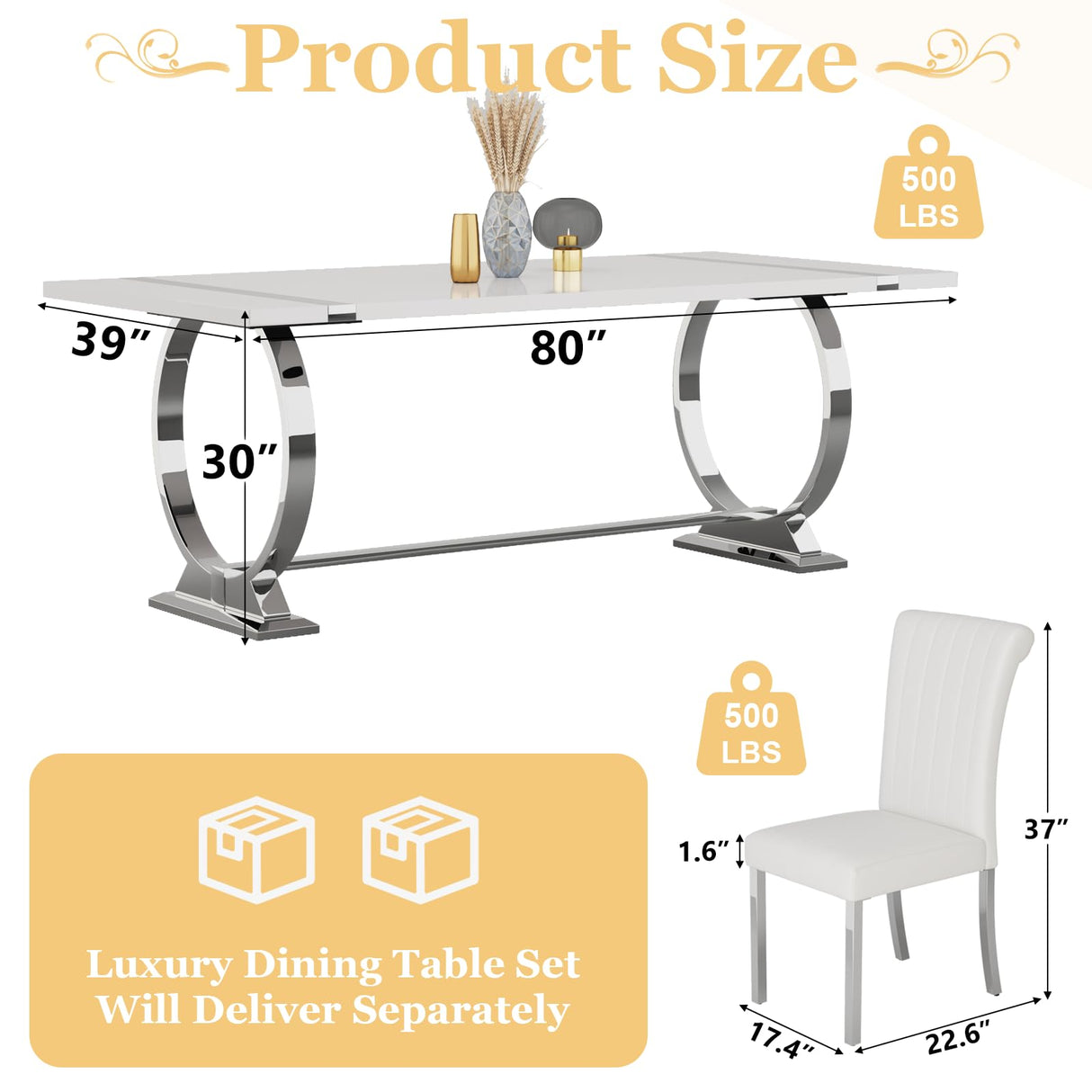Asday 9 Piece Dining Table Set, Luxury White and Silver Dining Room Table Set with 80 inch Rectangular Dining Table and 8 White Leather Dining Chairs Asday