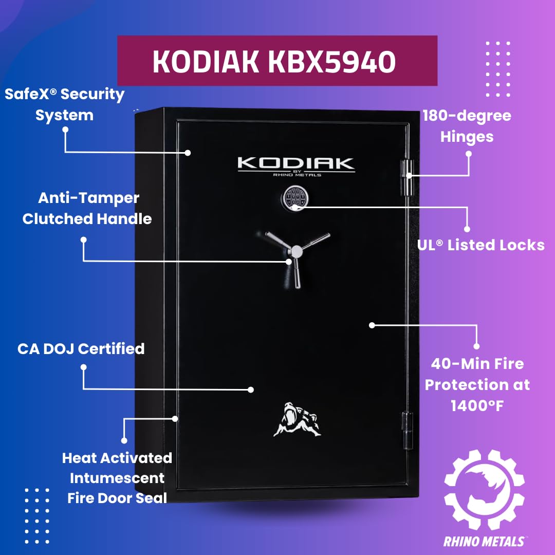 Kodiak Gun Safe for Rifles & Pistols | KBX5940 by Rhino Metals with New SafeX Security System | 57 Long Guns & 8 Handguns | 40 Minute Fire Protection | Door Organizer for Handguns & Ammo | 573lbs Kodiak