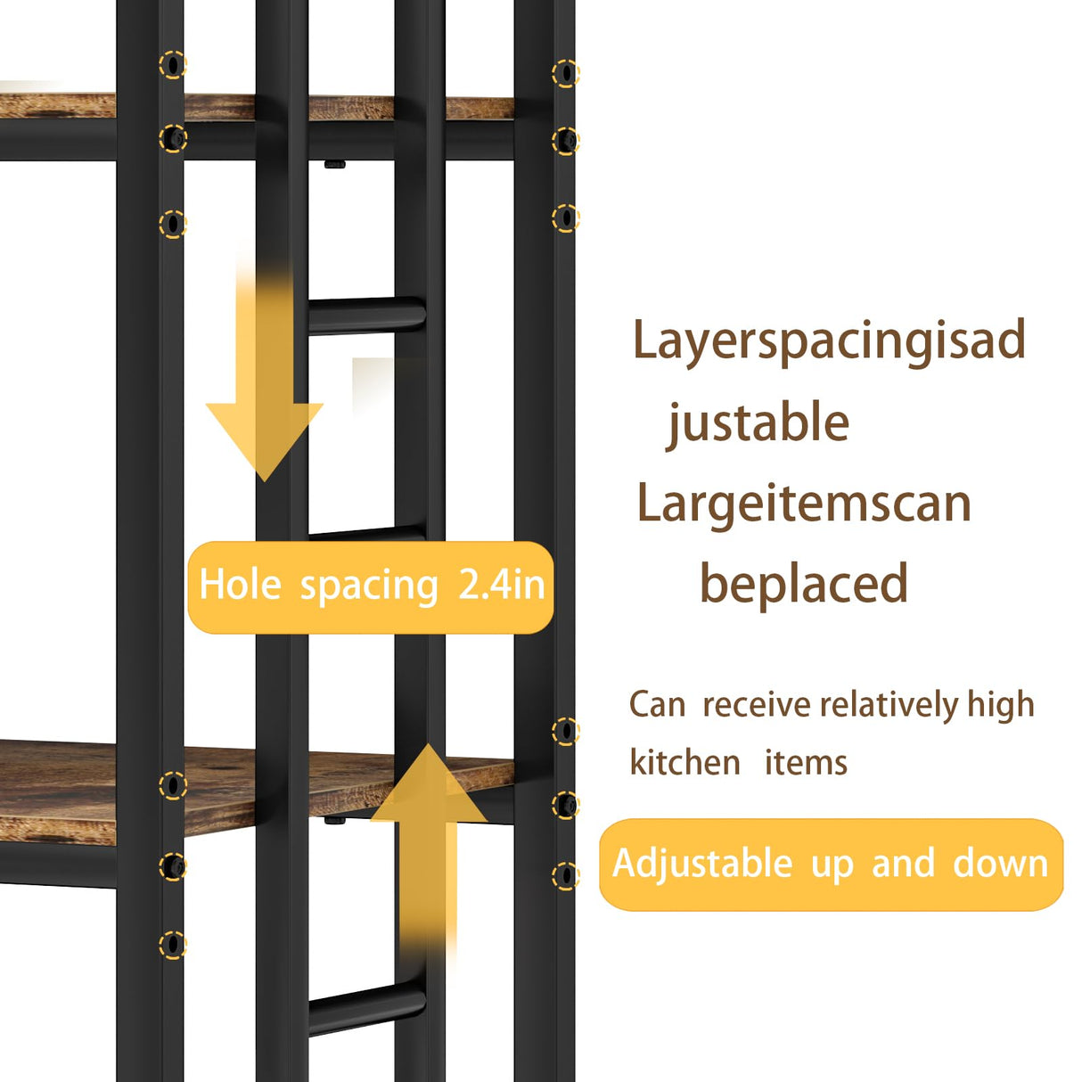 TIFFLOI 4-Tier Rustic Brown Bakers Rack, Black Frame, Top Power Outlet, 70lbs/Shelf, 2 Adjustable Shelves, Small Kitchen & Coffee Bar TIFFLOI