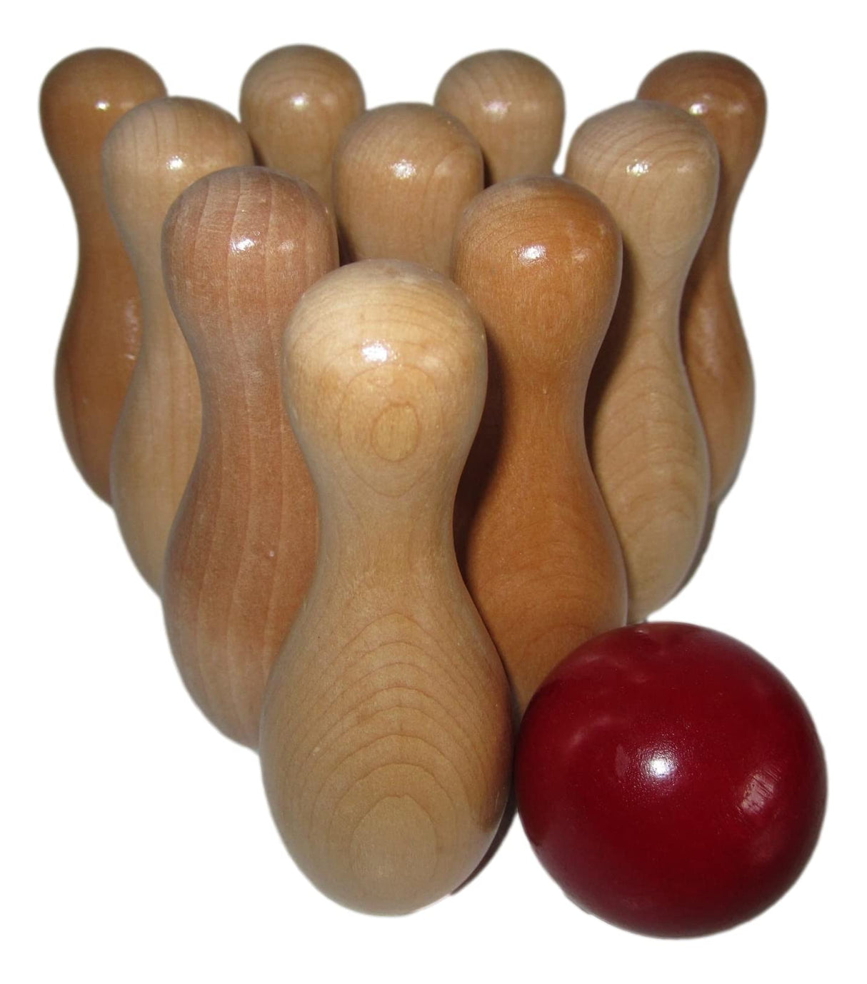 BIRCH TREE ALLEY Shuffleboard Bowling Pin Set with Ball 10 Wooden Pins Red Wood Ball BIRCH TREE ALLEY