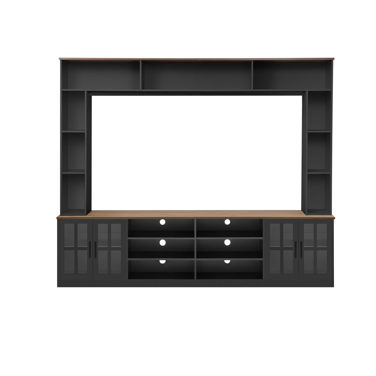 Ball & Cast Wall Unit Entertainment Center with Bookshelves for TVs up to 80",Modern TV Stand Media Center Console W/Display Cabinets,Tempered Glass Doors and Adjustable Shelves,for Living Room,Black Ball & Cast